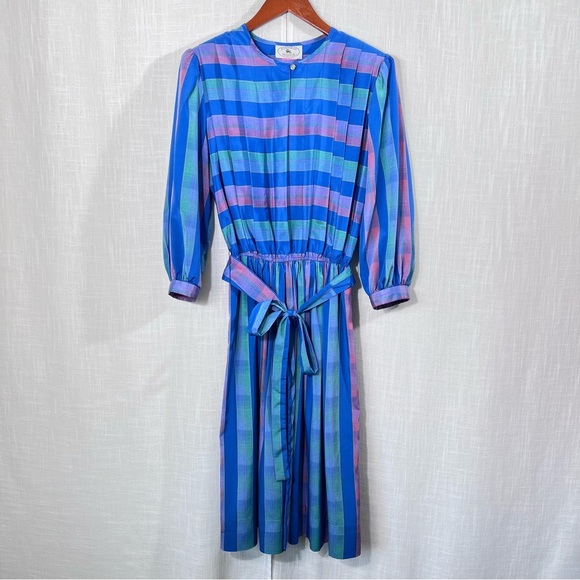 Vintage 80’s Jonathan Martin Pleated Button Striped Belted Dress Size 11/12 - Picture 1 of 15